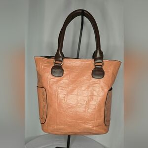 Chic Tan and Brown Tote Bag with Faux Crocodile design